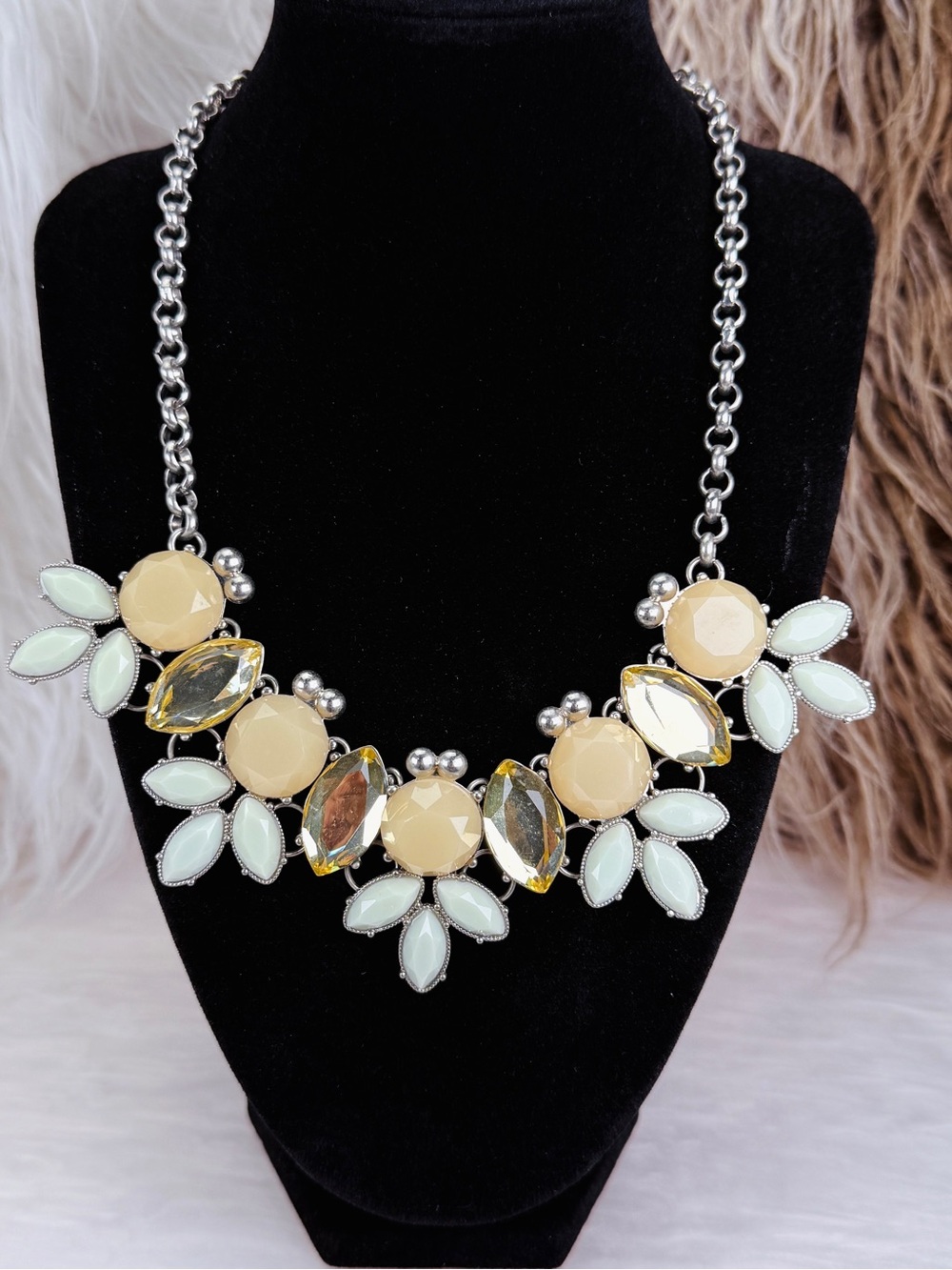 Statement Bib Necklace Mint Green Champagne Floral Silver Tone